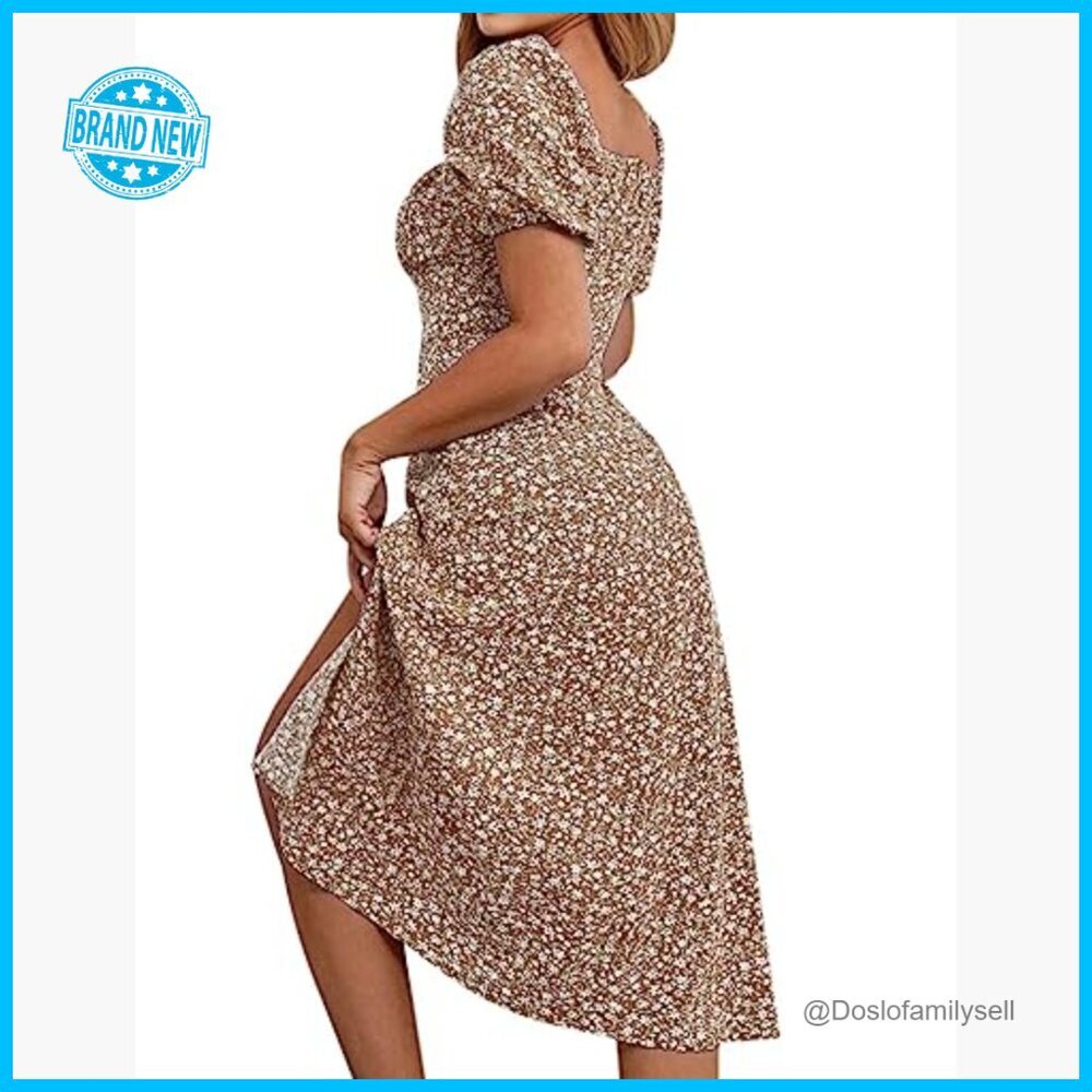 Floral Boho Midi Dress Square Neck Puff Sleeve Ruched Bust High Waist Split - Picture 5 of 6